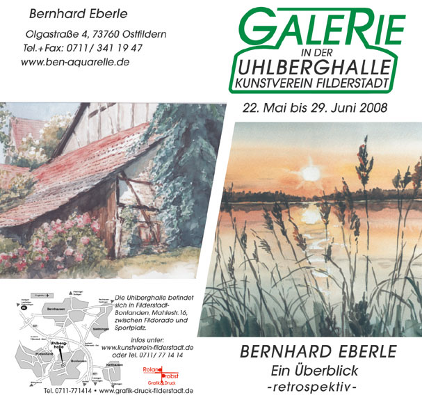 Zum 70. Geburtstag unseres Mitgliedes zeigt der KVF Bilder von Bernhard Eberle. Vernissage am Donnerstag 22. Mai um 15 Uhr. Die Ausstellung in der Galerie der Uhlberghalle ist sonntags von 15 bis 18 Uhr sowie bei Veranstaltungen geöffnet. Der Künstler ist anwesend.